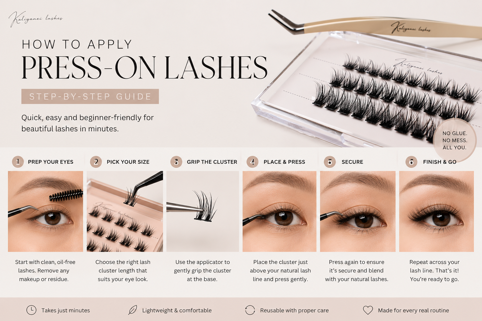 Step-by-step guide showing how to apply press-on lashes using Kaliyanei Lashes, from preparing the eyes to placing lash clusters for a natural finish.
