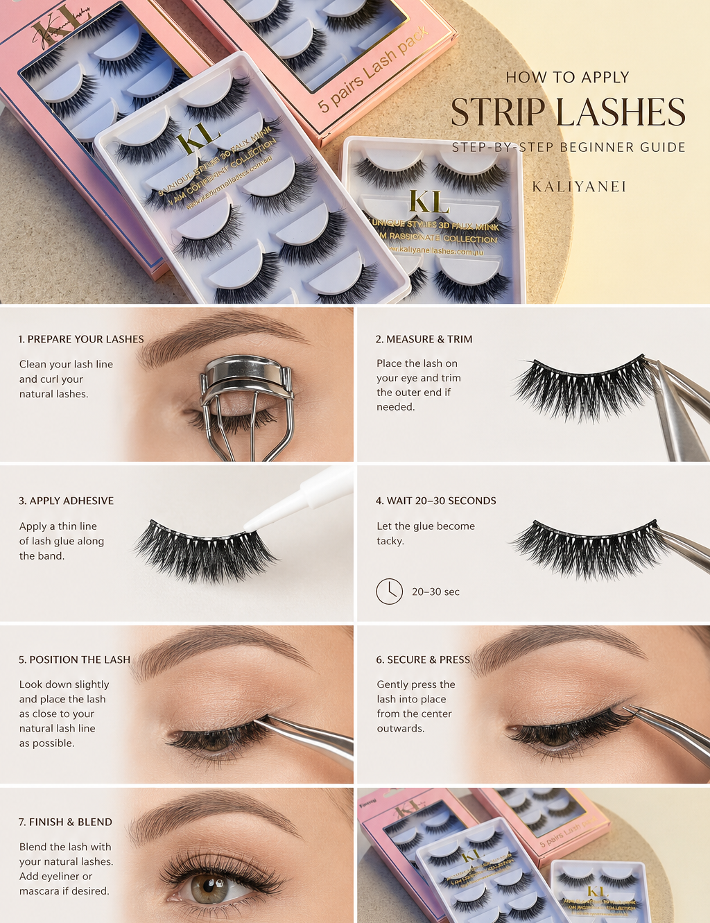 How to apply strip lashes step by step using Kaliyanei false lashes, featuring beginner-friendly lash packs and strip lash application guide.