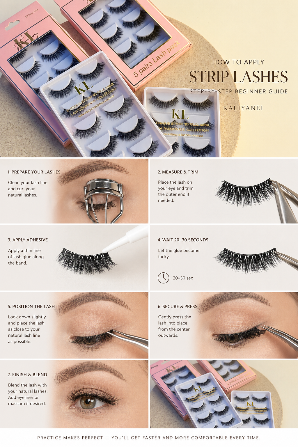How to apply strip lashes step by step using Kaliyanei false lashes, featuring beginner-friendly lash packs and strip lash application guide.