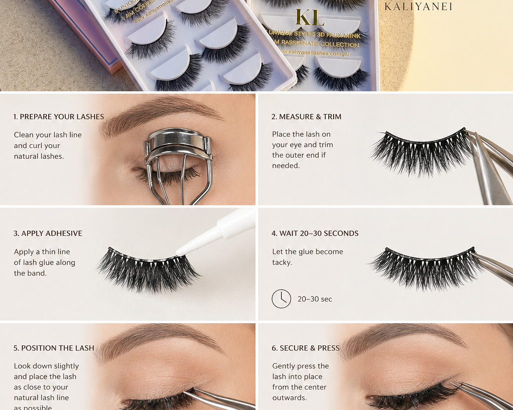 How to apply strip lashes step by step using Kaliyanei false lashes, featuring beginner-friendly lash packs and strip lash application guide.