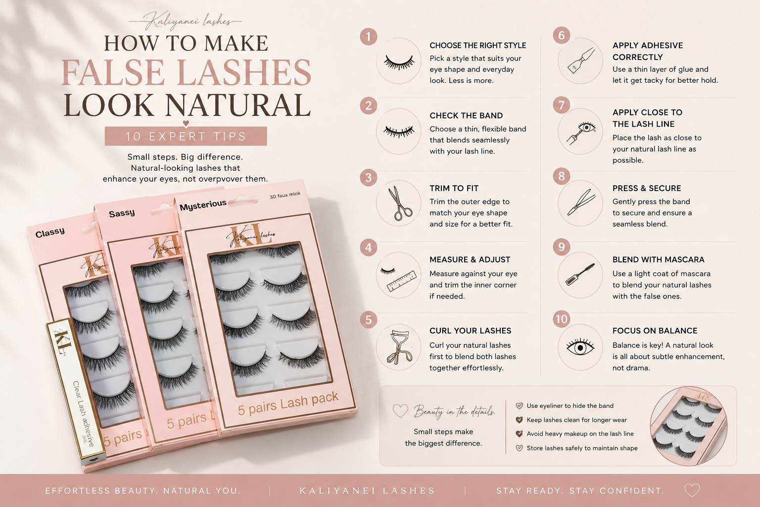 Infographic showing how to make false lashes look natural with 10 expert tips, including choosing the right lash style, trimming, blending, and applying lashes for a seamless finish.