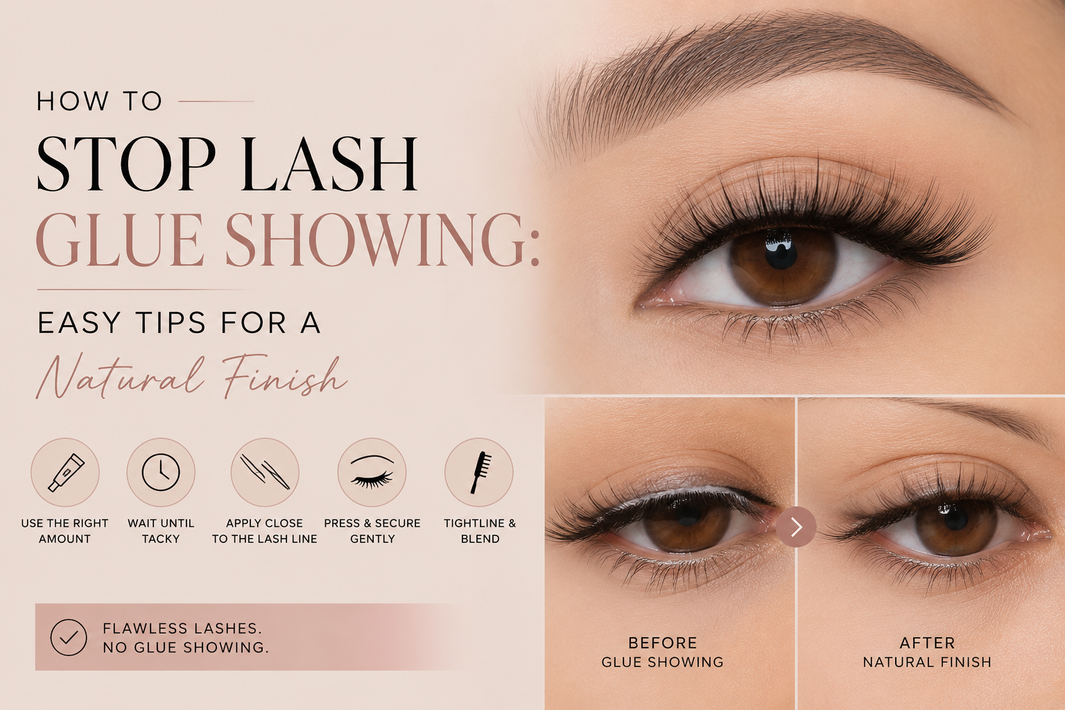 Eye wearing false lashes with tips on how to stop lash glue showing for a natural finish, including before and after lash application.