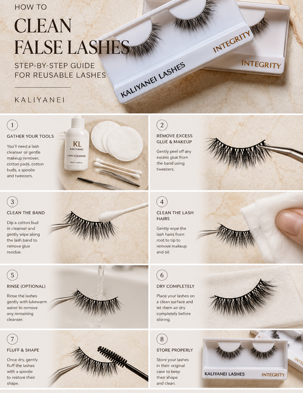 Step-by-step guide showing how to clean reusable false lashes using Kaliyanei strip lashes to remove makeup, glue and residue safely.