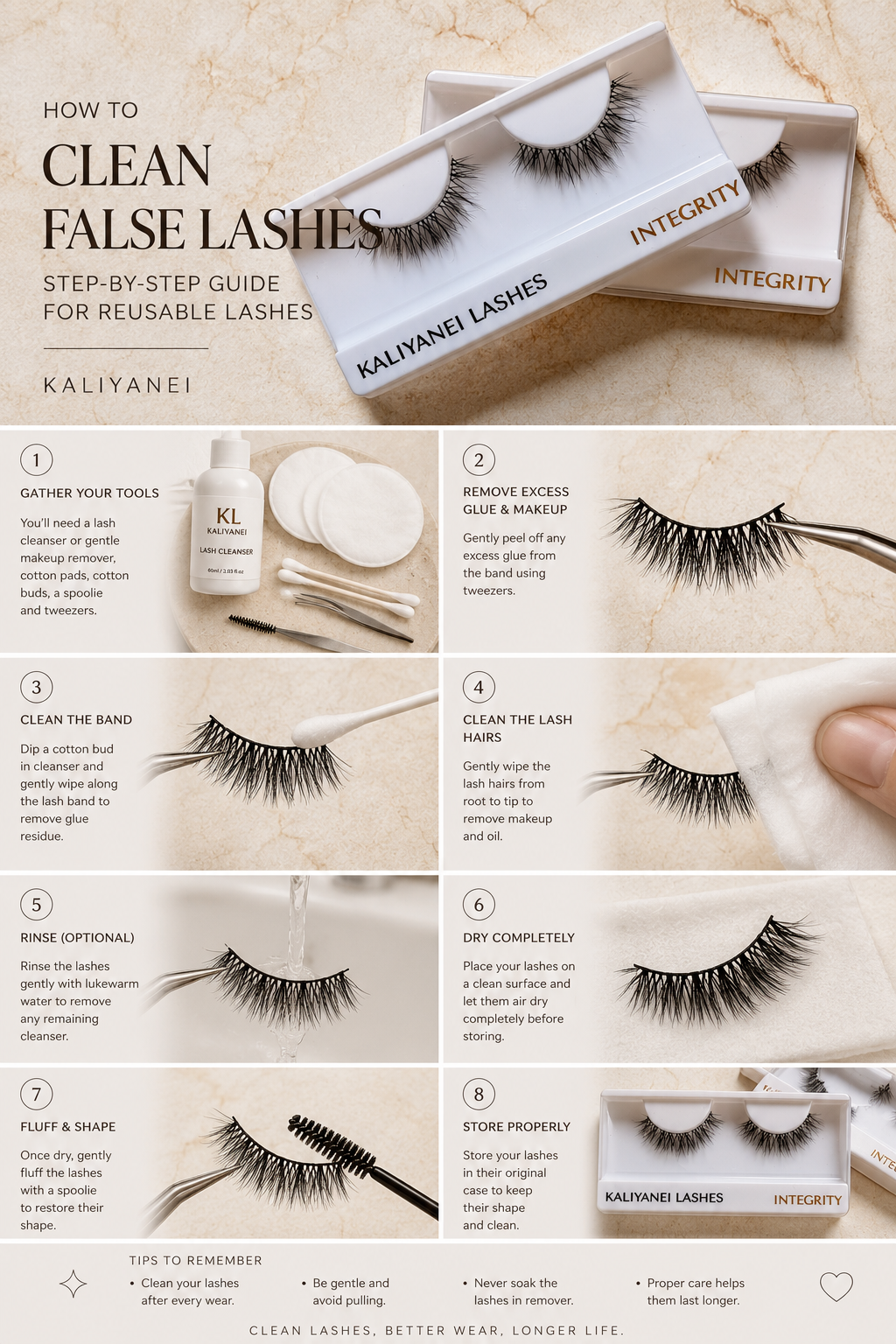 Step-by-step guide showing how to clean reusable false lashes using Kaliyanei strip lashes to remove makeup, glue and residue safely.