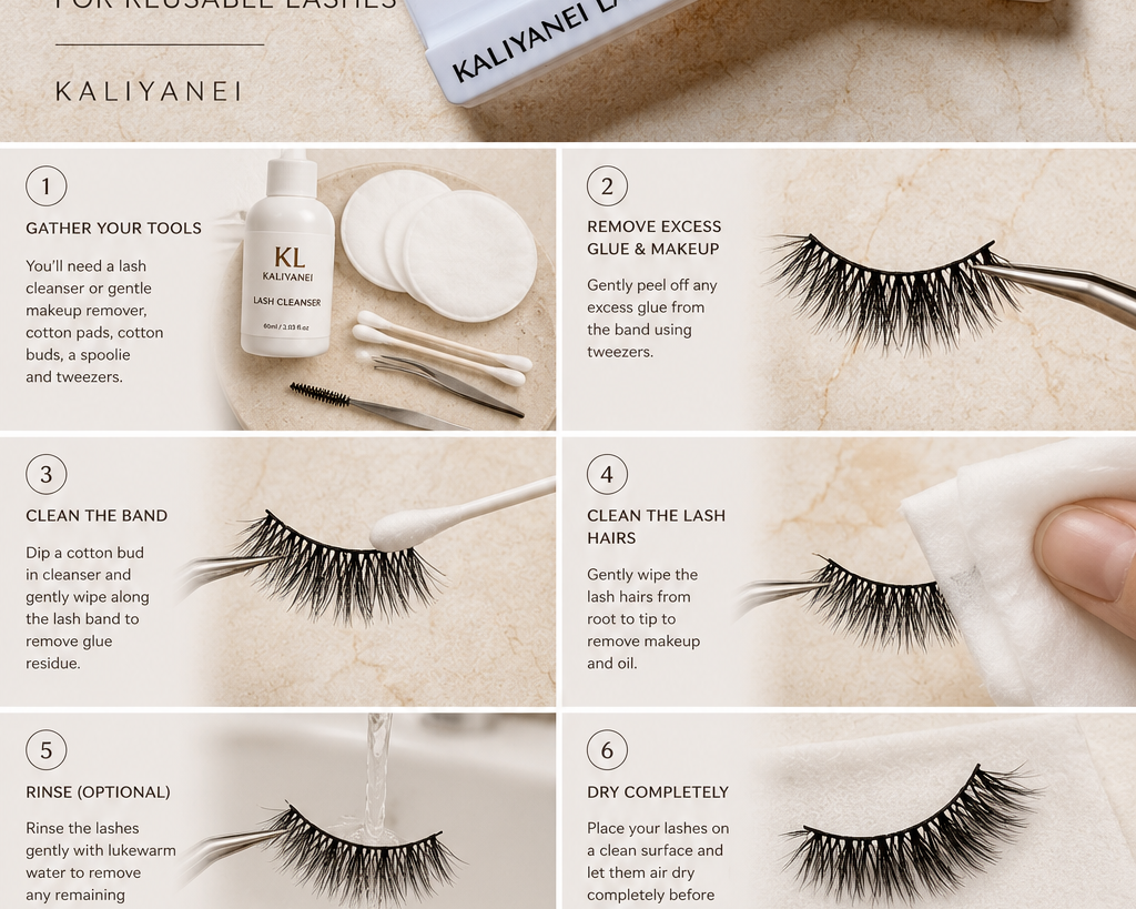 Step-by-step guide showing how to clean reusable false lashes using Kaliyanei strip lashes to remove makeup, glue and residue safely.