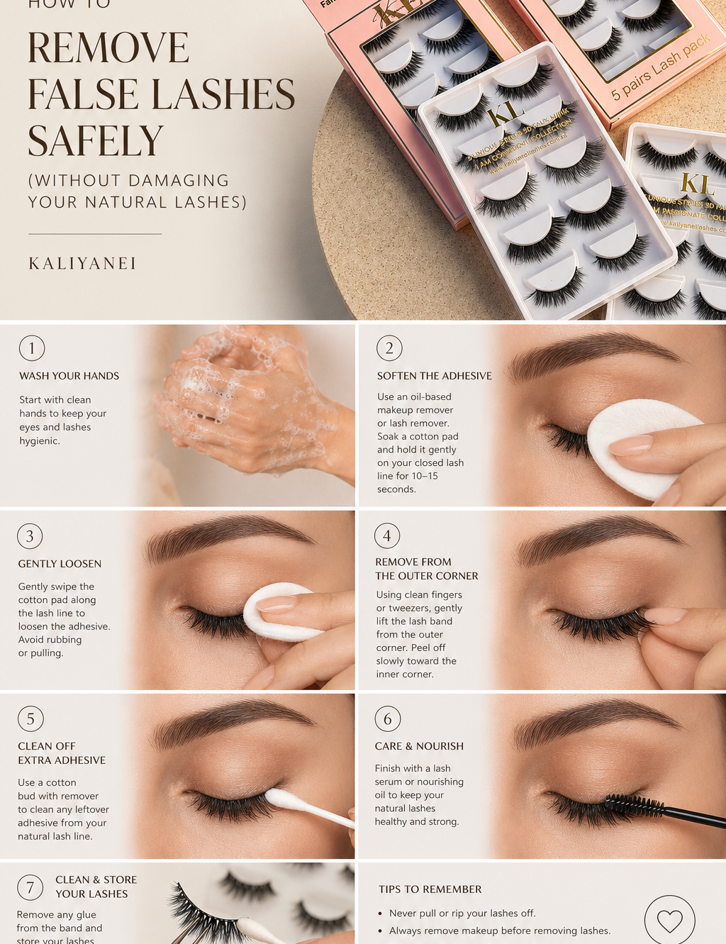 Step-by-step guide showing how to remove false lashes safely using Kaliyanei strip lashes without damaging your natural lashes.