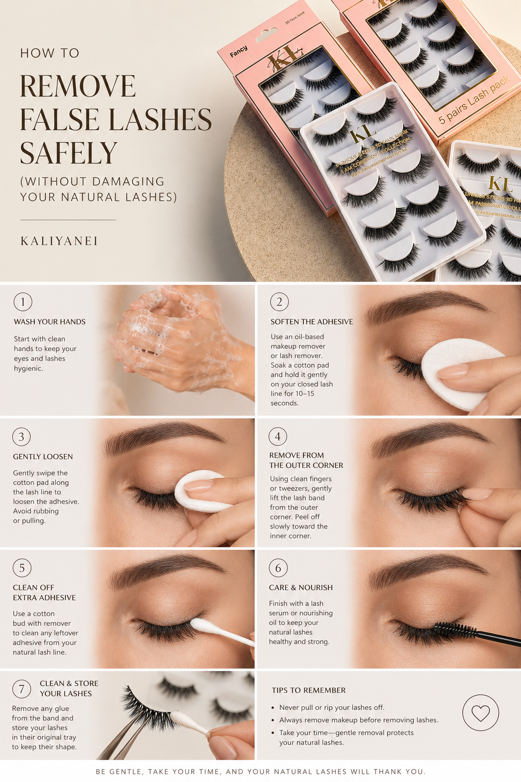 Step-by-step guide showing how to remove false lashes safely using Kaliyanei strip lashes without damaging your natural lashes.