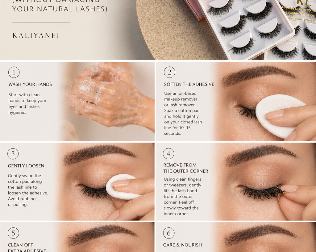 Step-by-step guide showing how to remove false lashes safely using Kaliyanei strip lashes without damaging your natural lashes.