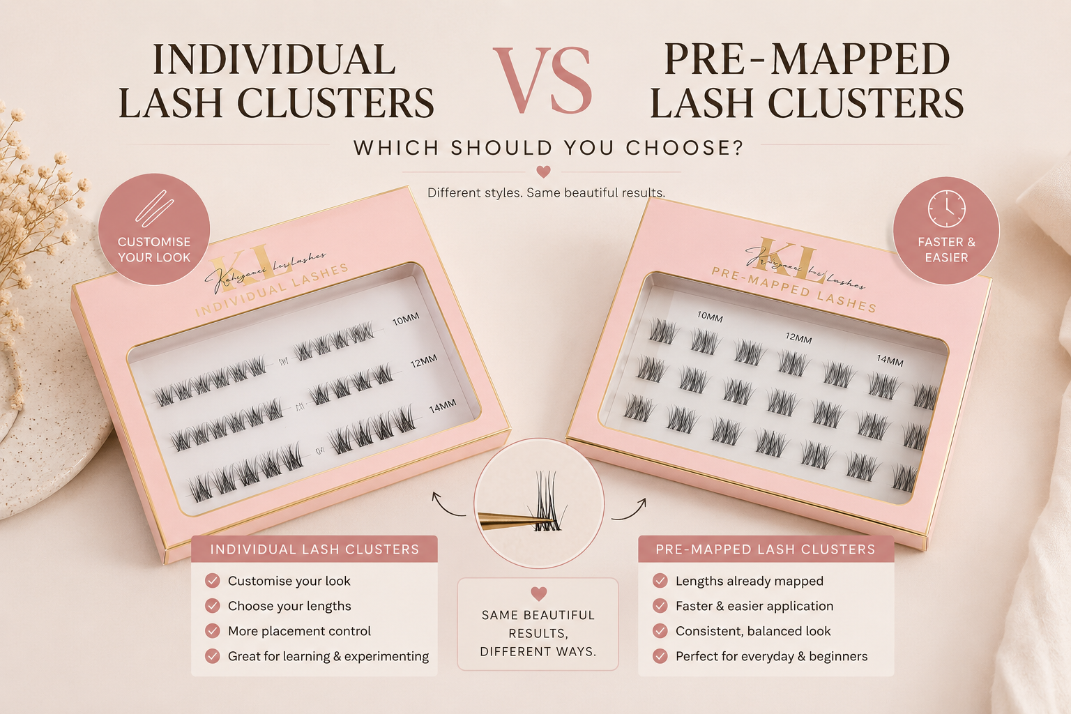 Comparison of individual lash clusters and pre-mapped lash clusters showing the differences in application, customisation and finished lash styles.