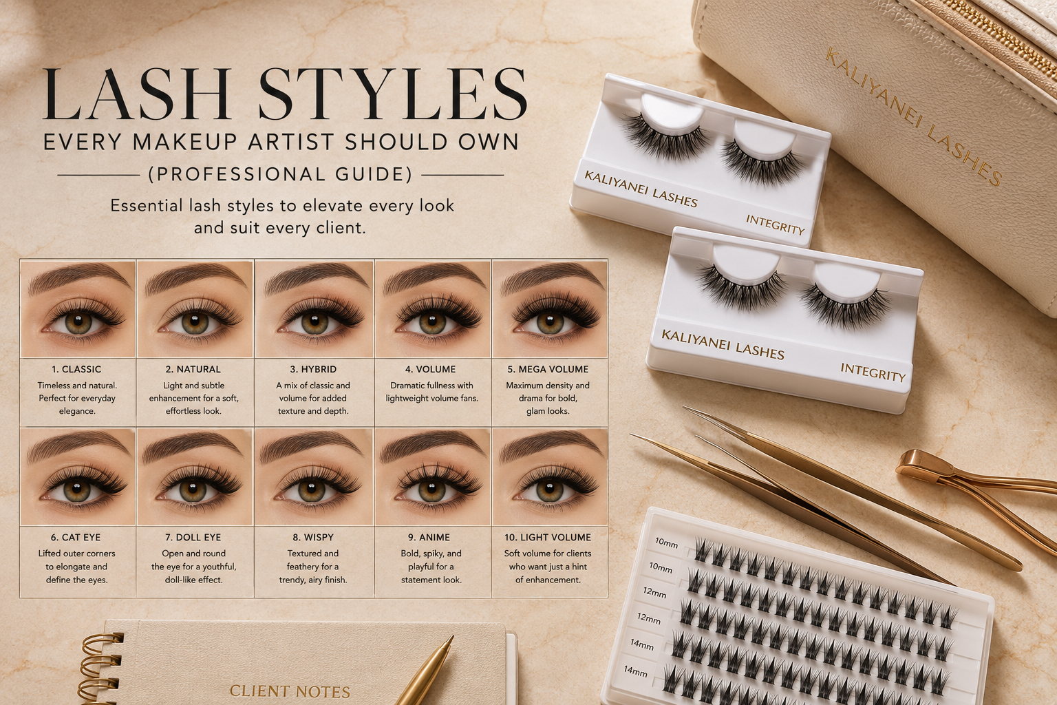 Professional makeup artist lash guide featuring Kaliyanei false lashes, individual lash clusters and beauty tools arranged on a beige stone background.
