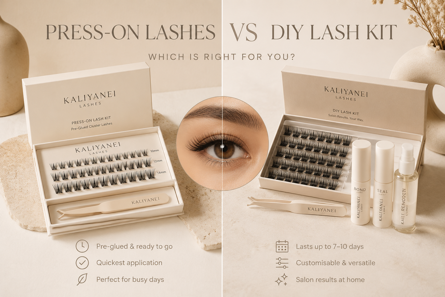Comparison image showing Kaliyanei Press-On Lashes and DIY Lash Kit side by side on a neutral beige background.