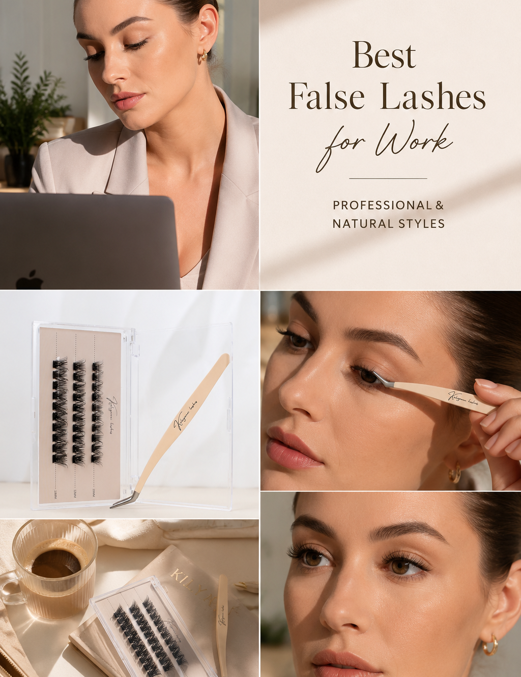 Professional woman wearing natural false lashes while working on a laptop, alongside Kaliyanei individual lash clusters, precision tweezers, and a styled workspace.
