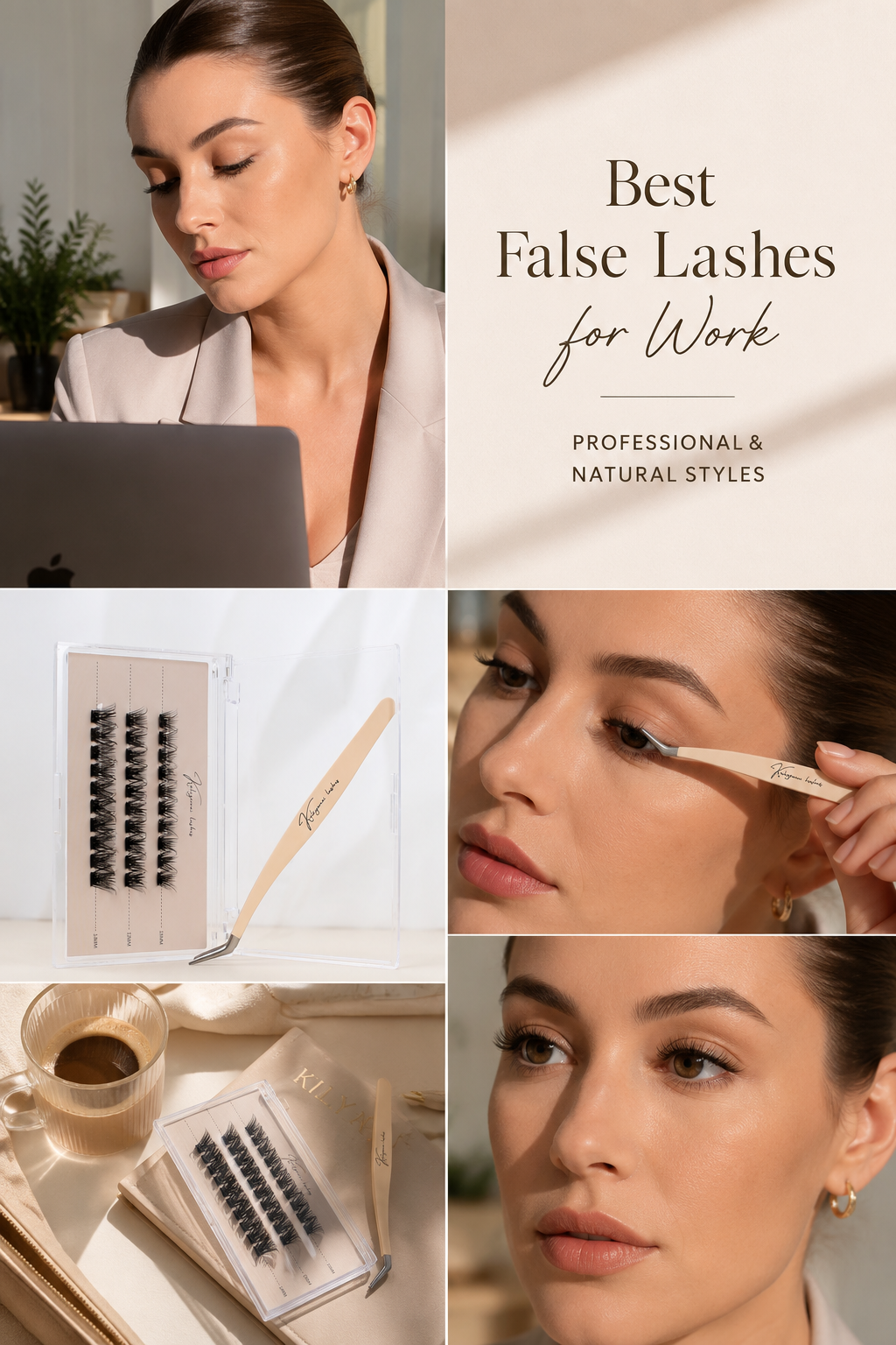 Professional woman wearing natural false lashes while working on a laptop, alongside Kaliyanei individual lash clusters, precision tweezers, and a styled workspace.