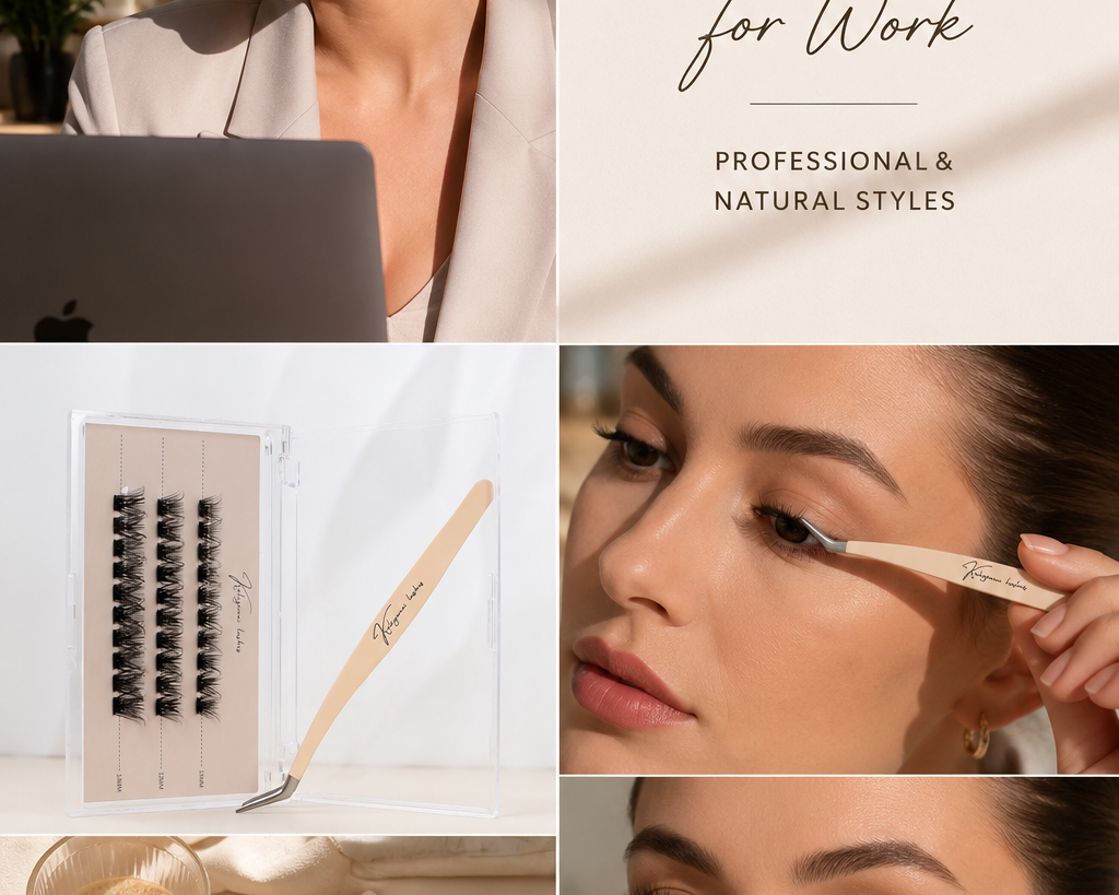 Professional woman wearing natural false lashes while working on a laptop, alongside Kaliyanei individual lash clusters, precision tweezers, and a styled workspace.