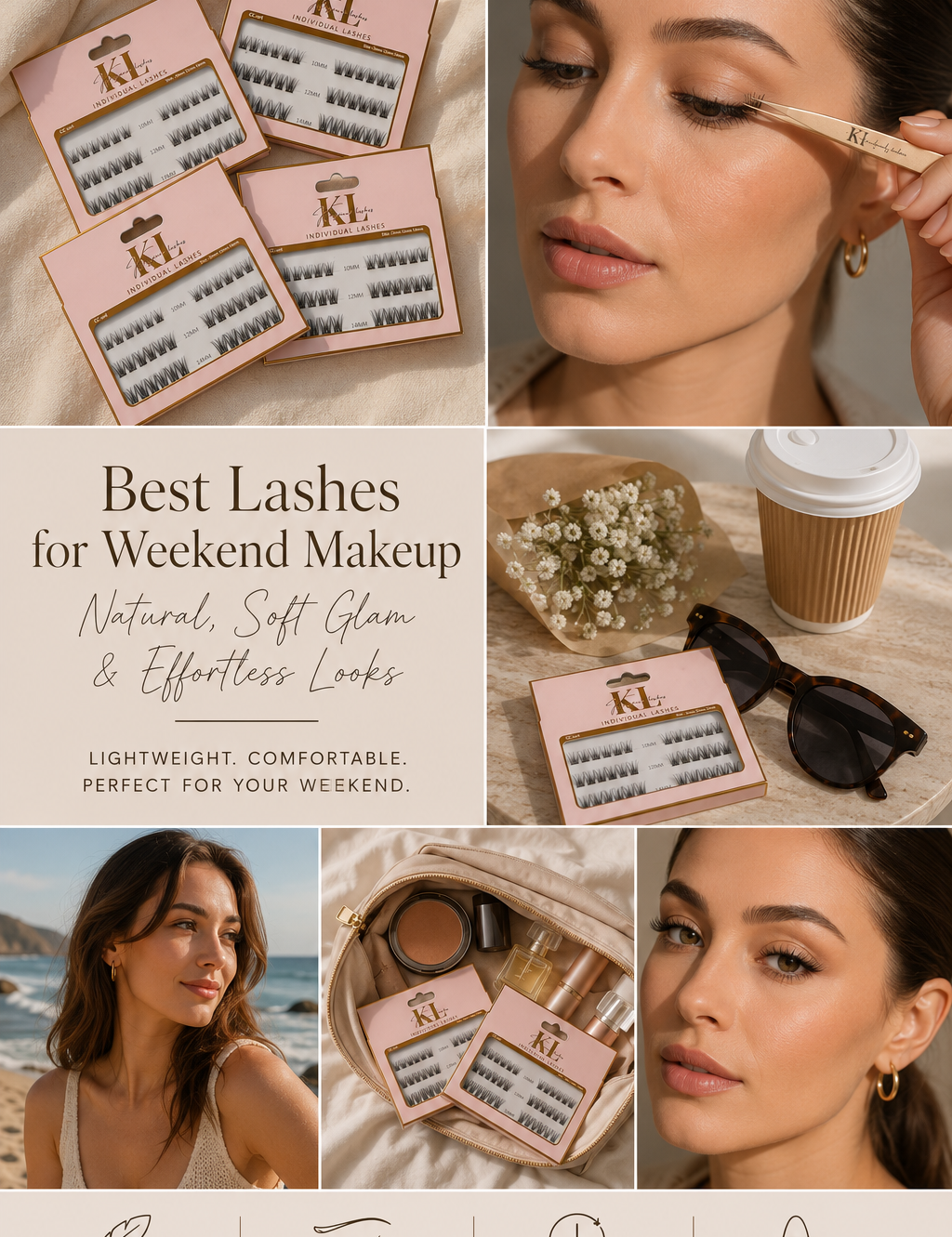 Natural weekend makeup look featuring Kaliyanei individual false lashes with soft glam styling, close-up lash application, lightweight lash trays, and relaxed lifestyle scenes.