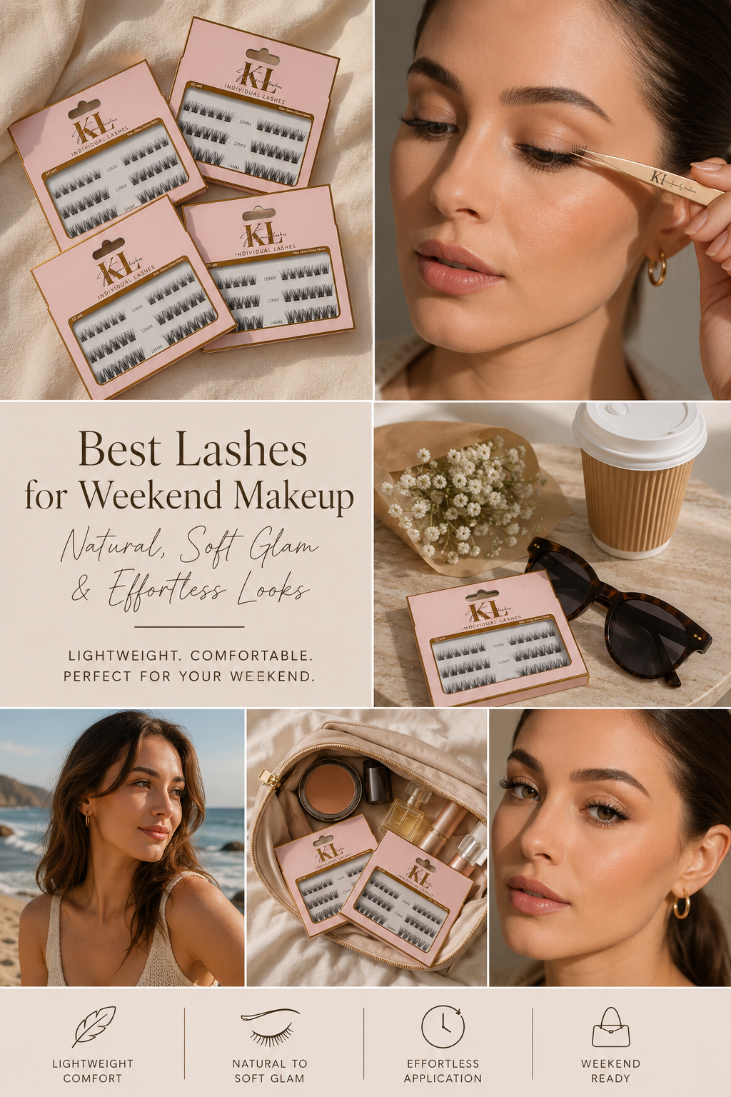 Natural weekend makeup look featuring Kaliyanei individual false lashes with soft glam styling, close-up lash application, lightweight lash trays, and relaxed lifestyle scenes.