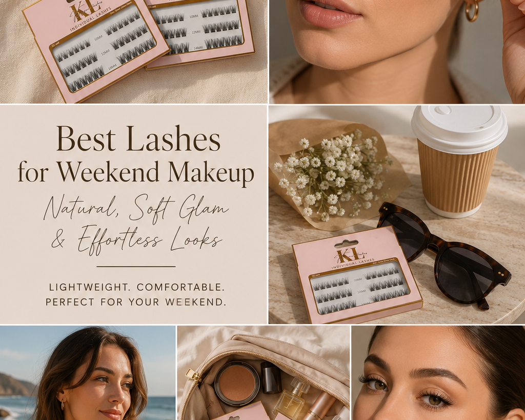 Natural weekend makeup look featuring Kaliyanei individual false lashes with soft glam styling, close-up lash application, lightweight lash trays, and relaxed lifestyle scenes.