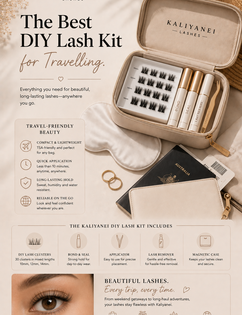 Kaliyanei DIY Lash Kit for travelling showing lash clusters, bond, seal, remover and applicator in a compact travel case with travel-friendly lash benefits.