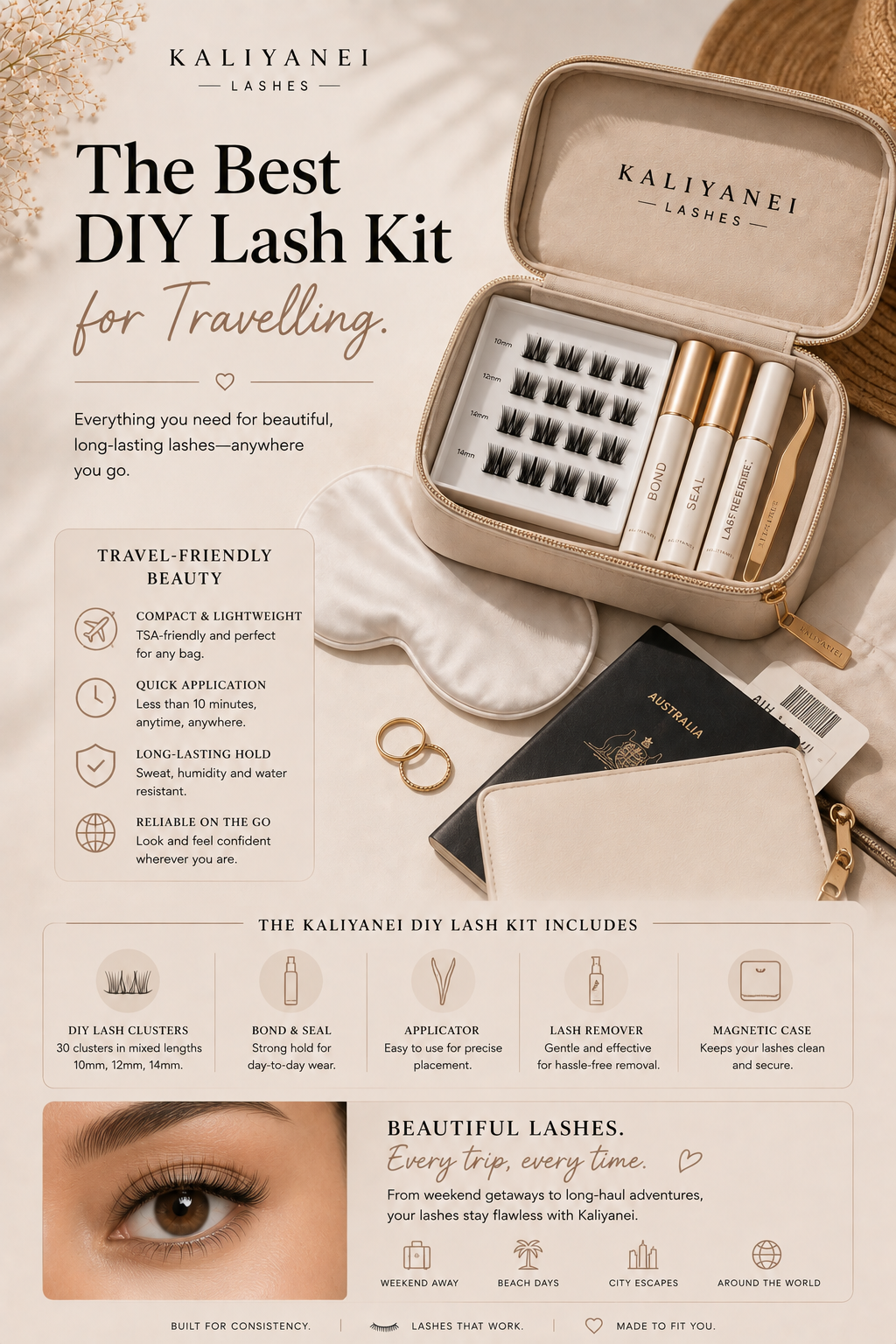 Kaliyanei DIY Lash Kit for travelling showing lash clusters, bond, seal, remover and applicator in a compact travel case with travel-friendly lash benefits.