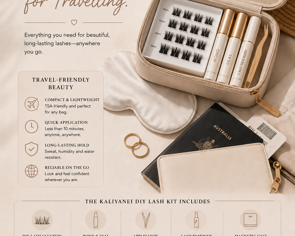 Kaliyanei DIY Lash Kit for travelling showing lash clusters, bond, seal, remover and applicator in a compact travel case with travel-friendly lash benefits.