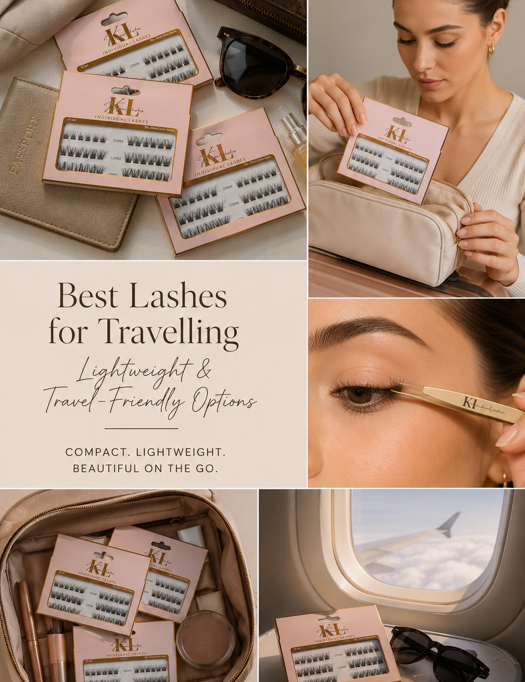 Travel-friendly individual false lashes neatly packed with beauty essentials in a cosmetic bag, featuring Kaliyanei lash trays, close-up lash application, passport and carry-on travel styling.