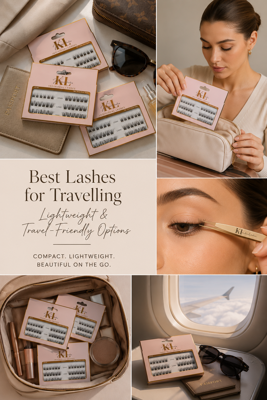 Travel-friendly individual false lashes neatly packed with beauty essentials in a cosmetic bag, featuring Kaliyanei lash trays, close-up lash application, passport and carry-on travel styling.
