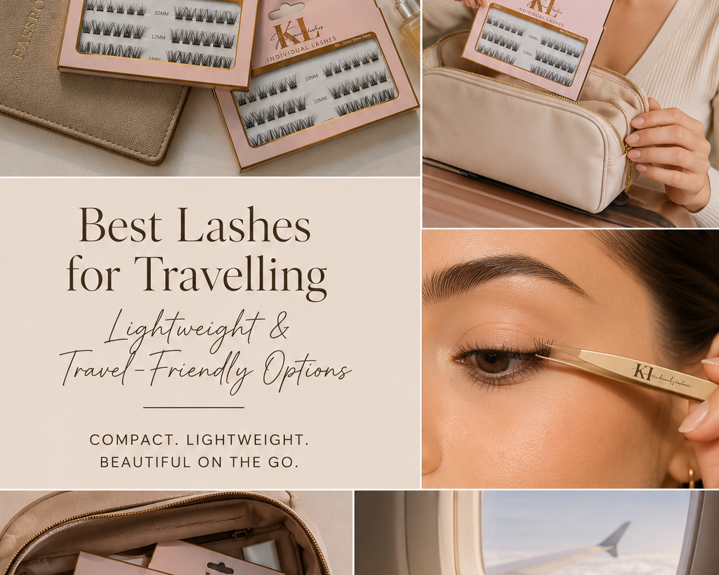 Travel-friendly individual false lashes neatly packed with beauty essentials in a cosmetic bag, featuring Kaliyanei lash trays, close-up lash application, passport and carry-on travel styling.