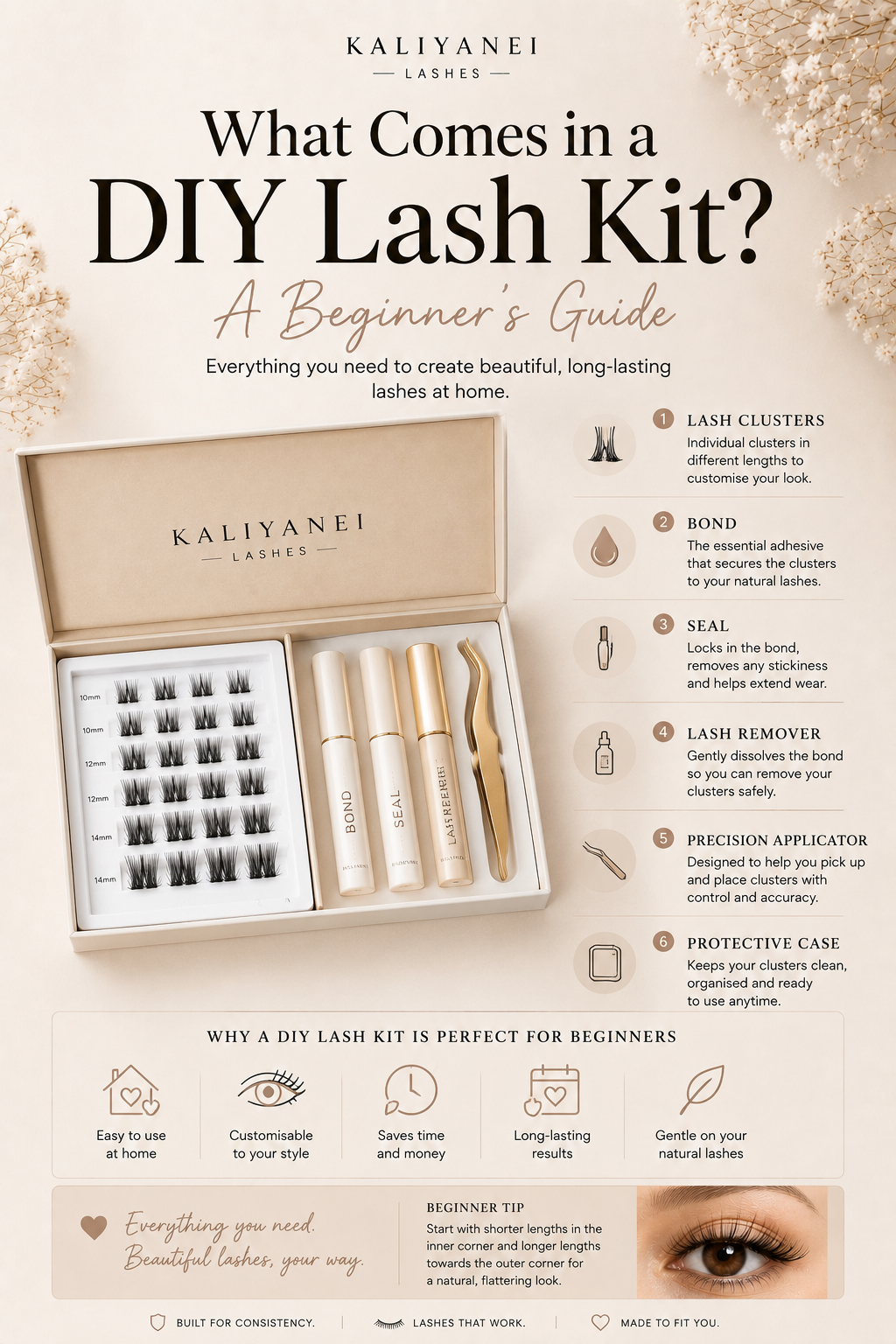 Kaliyanei DIY Lash Kit beginner’s guide showing lash clusters, bond, seal, remover, precision applicator and protective case with product benefits and lash tips.