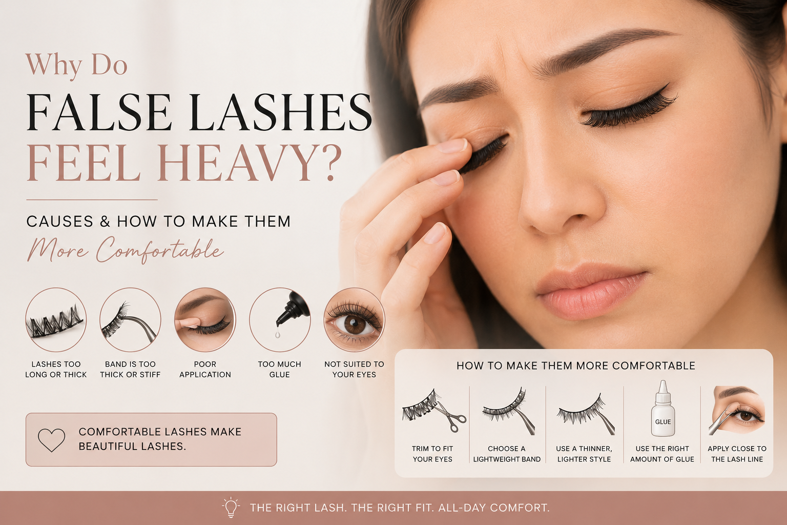 Person wearing false lashes with tips explaining why false lashes feel heavy and how to make them more comfortable for all-day wear.