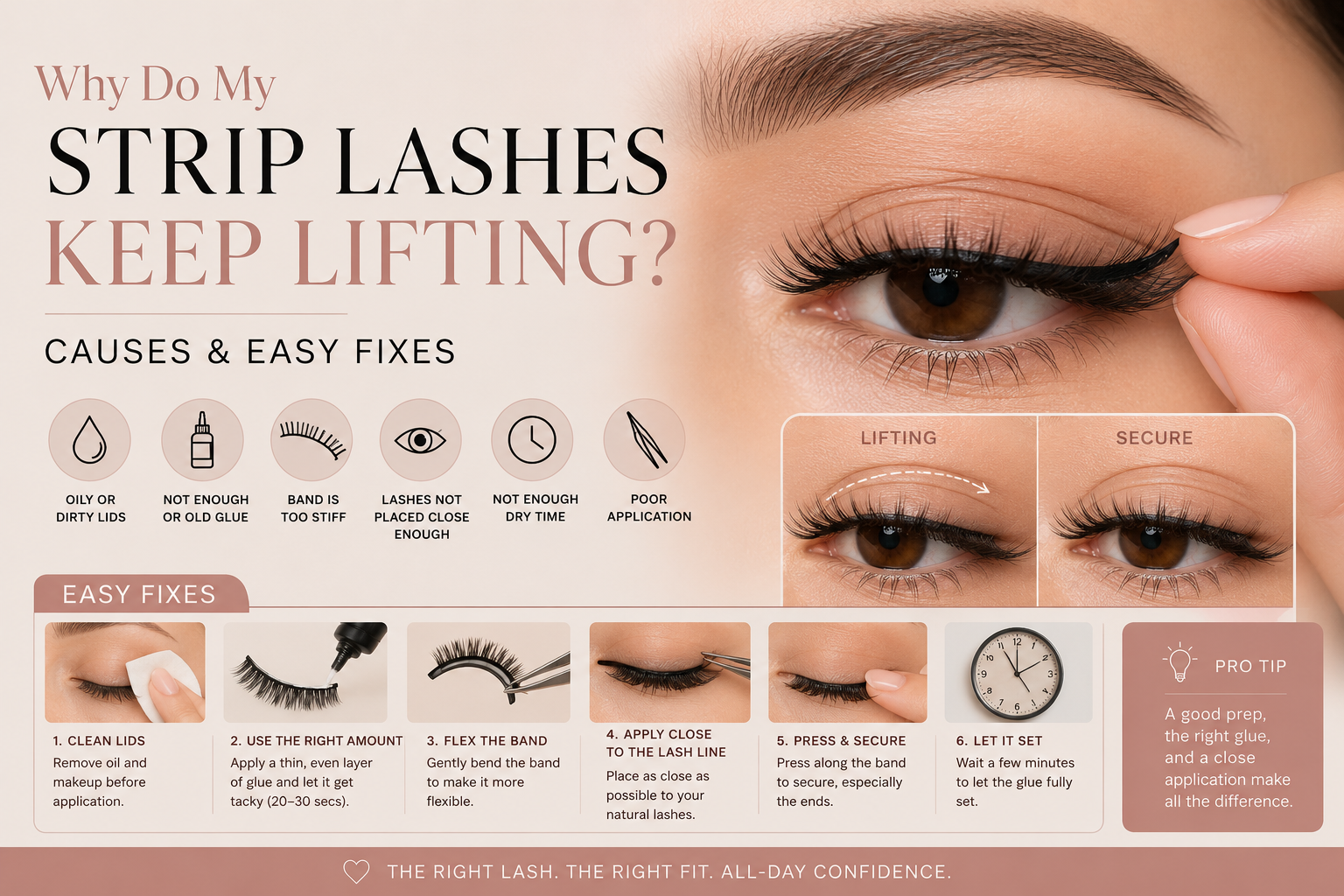 Person wearing strip lashes with tips explaining why strip lashes keep lifting and how to keep them secure for longer.