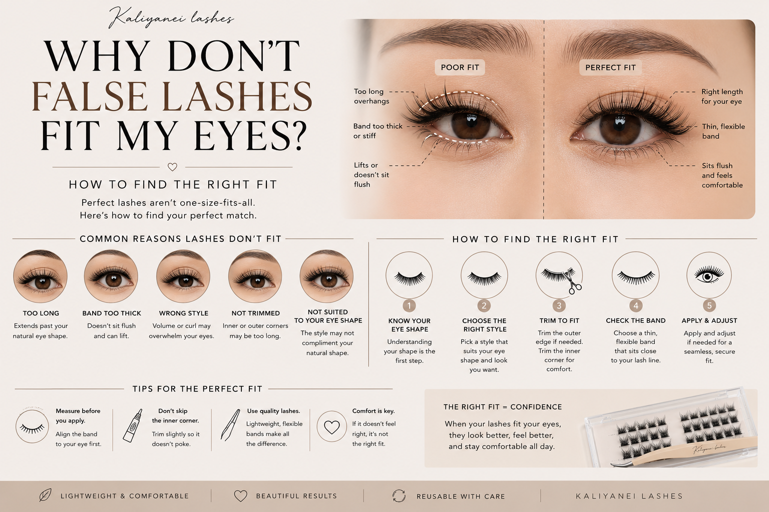 Guide explaining why false lashes don't fit your eyes, comparing poor and proper lash fit while showing how to choose the right lash style, band and length for your eye shape.