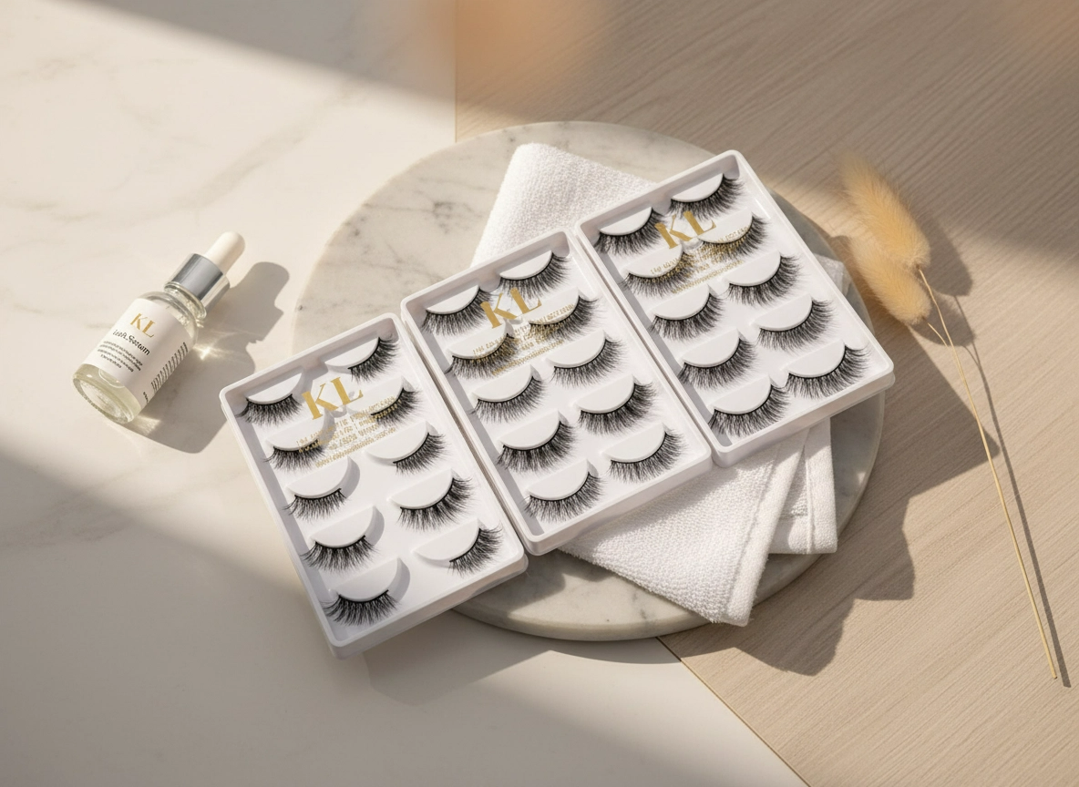 DIY lash clusters and adhesive kit on beige background with soft natural lighting