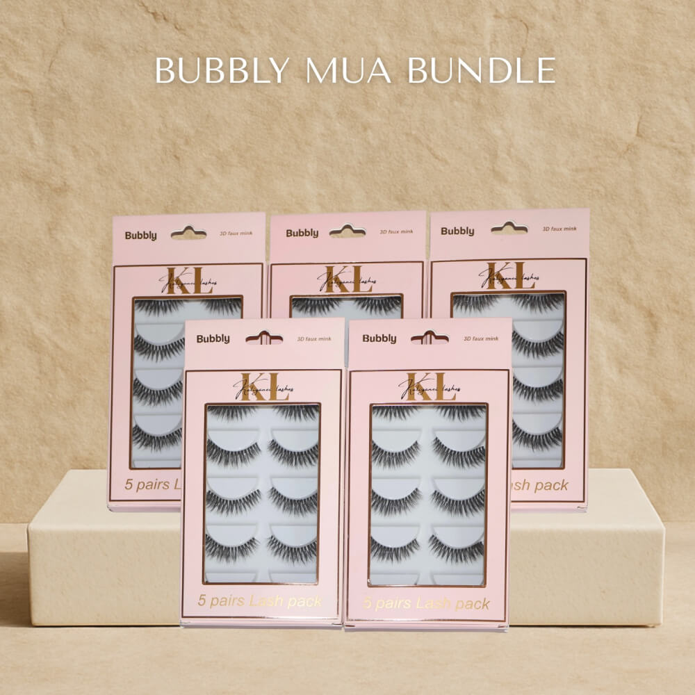 Bubbly MUA Lash Bundle – Mixed 25-Pair Lash Packs by Kaliyanei Lashes on Beige Background