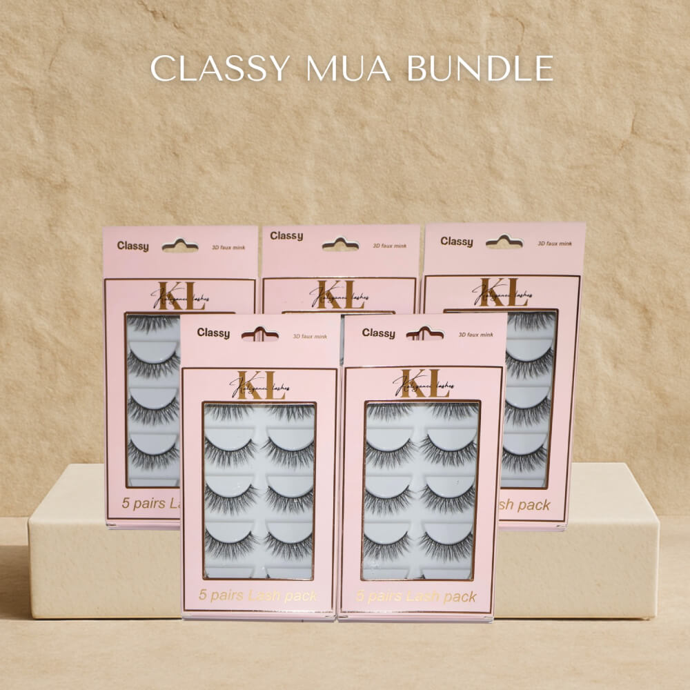 Classy MUA Lash Bundle – Mixed 25-Pair Lash Packs by Kaliyanei Lashes on Beige Background