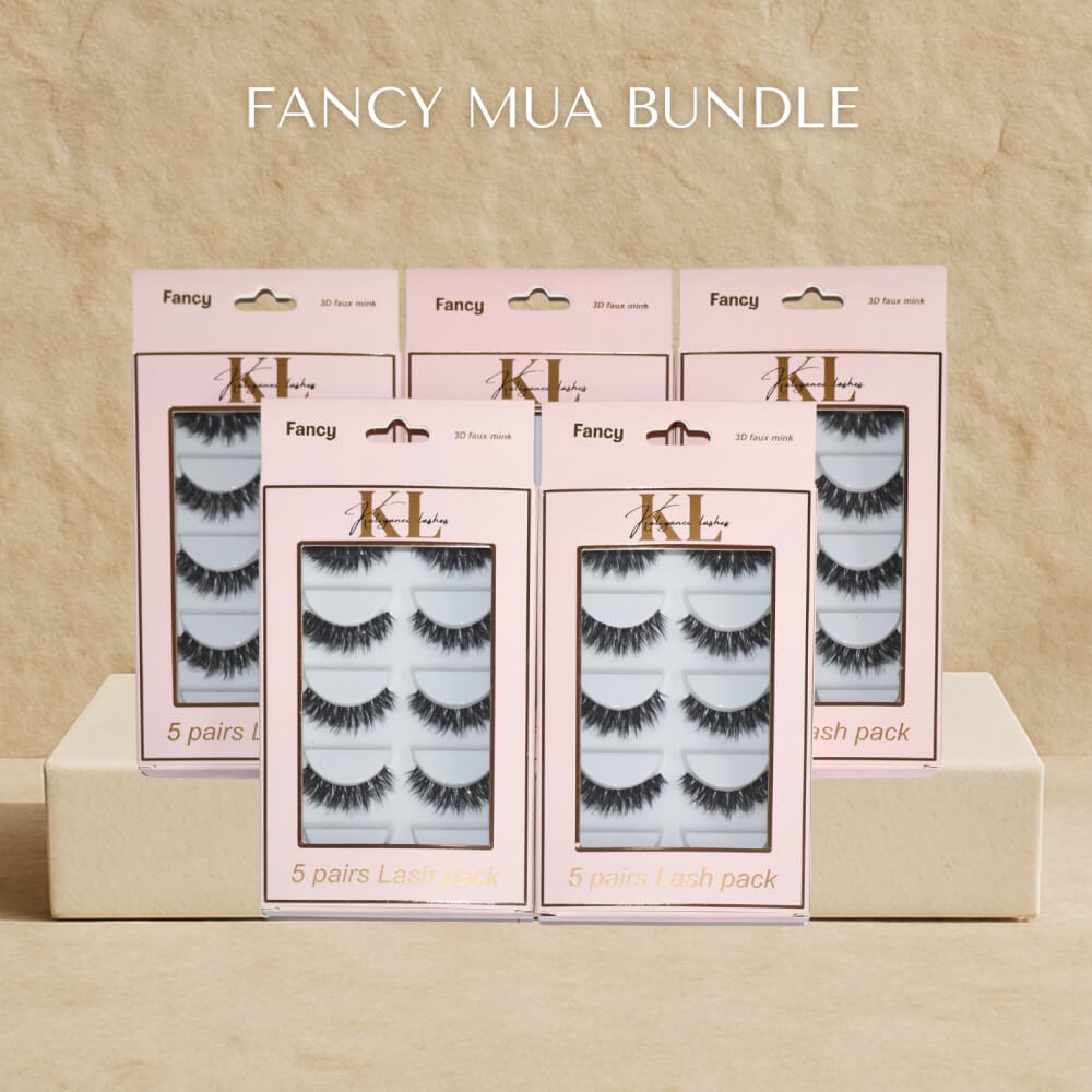 Fancy MUA Lash Bundle – Mixed 25-Pair Lash Packs by Kaliyanei Lashes on Beige Background
