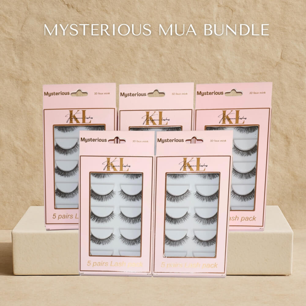 Mysterious MUA Lash Bundle – Mixed 25-Pair Lash Packs by Kaliyanei Lashes on Beige Background