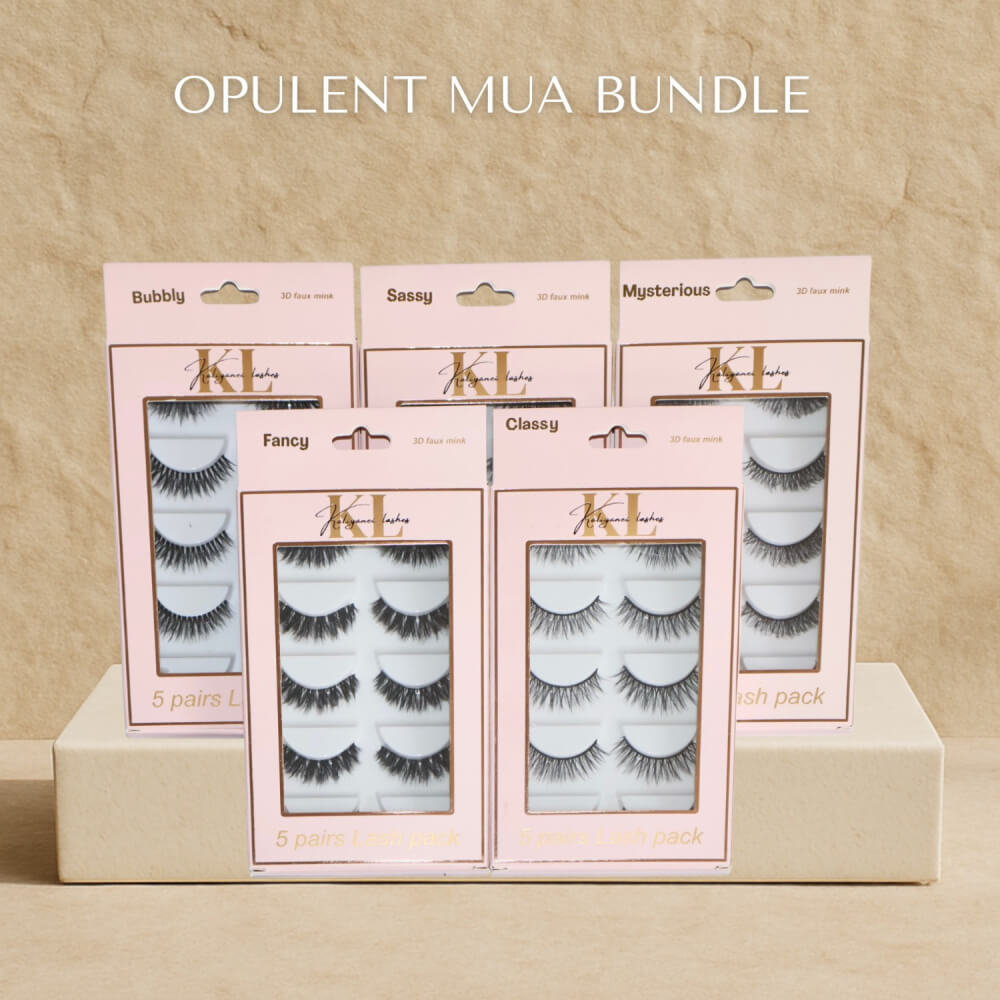Opulent MUA Lash Bundle – Mixed 25-Pair Lash Packs by Kaliyanei Lashes on Beige Background