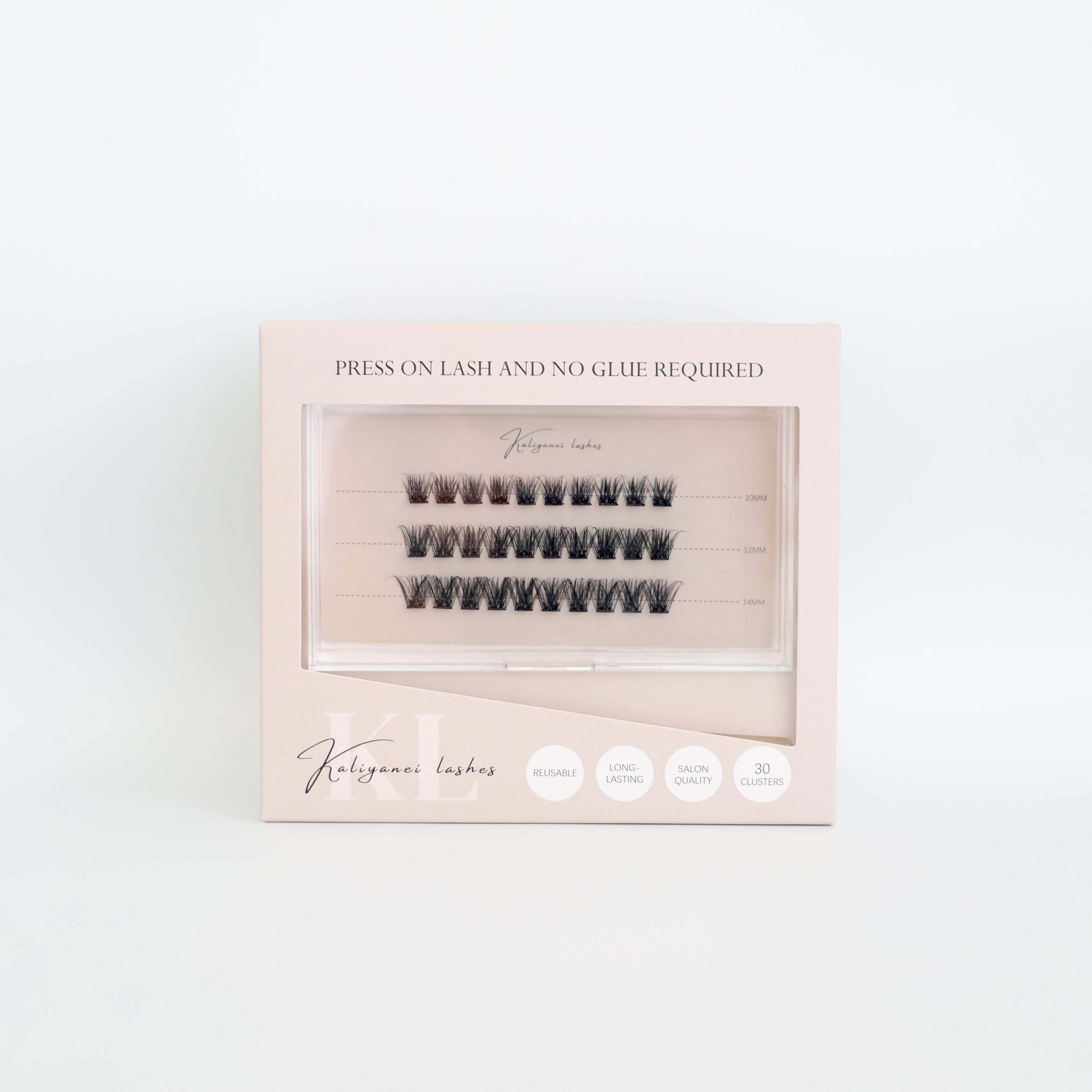 Press-On Lash Kit with Applicator by Kaliyanei Lashes – Lash Clusters in Pink Packaging on White Background