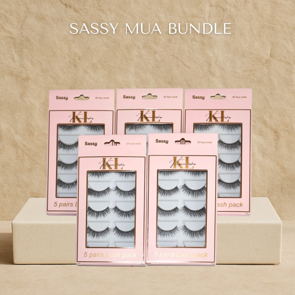 Sassy MUA Lash Bundle – Mixed 25-Pair Lash Packs by Kaliyanei Lashes on Beige Background