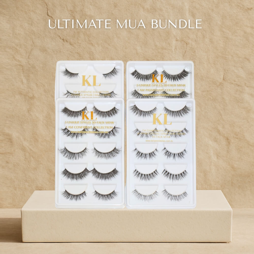 Ultimate MUA Lash Bundle – Mixed 25-Pair Lash Packs by Kaliyanei Lashes on Beige Background